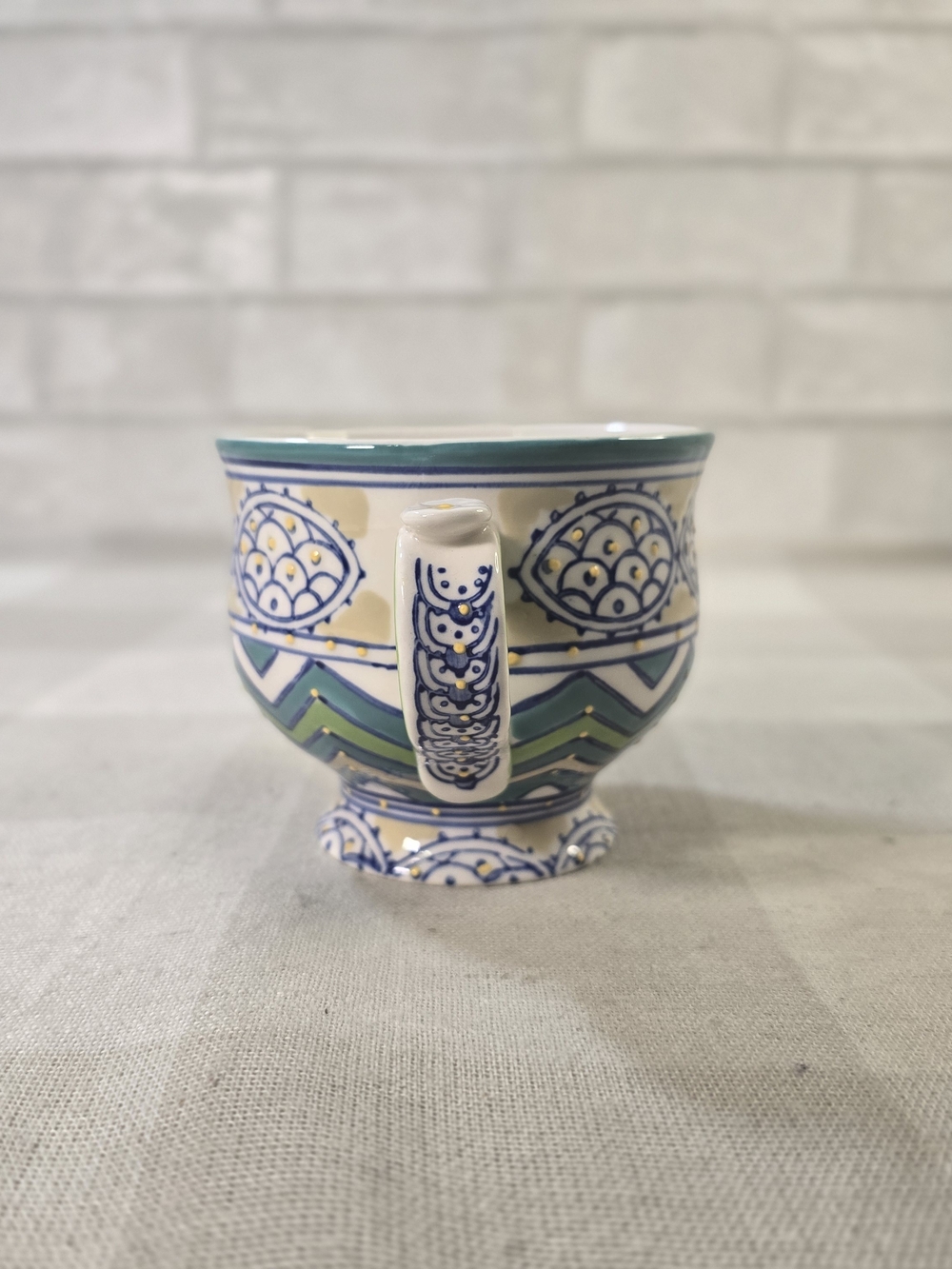Anthropologie Green Blue Yellow Moriage Design Boho Footed 14oz Ceramic Mug Cup - Picture 4 of 8